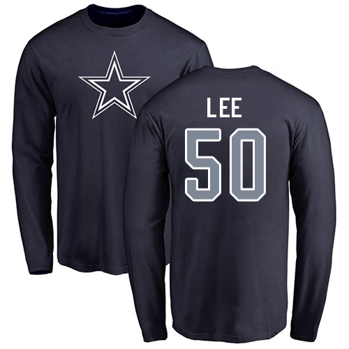 Men Dallas Cowboys Navy Blue Sean Lee Name and Number Logo #50 Long Sleeve Nike NFL T Shirt->nfl t-shirts->Sports Accessory